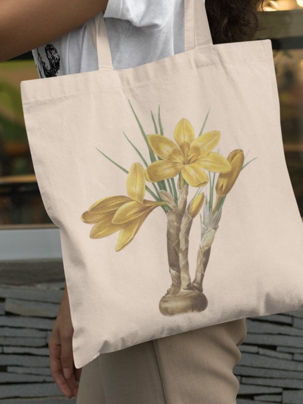 Golden Crocus Vintage Floral Print Graphic Canvas Tote Bag